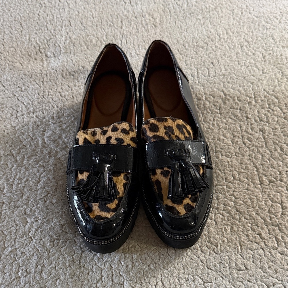 Franco Sarto Black Patent Loafers with Leopard Print Tassel Vamp Size 6